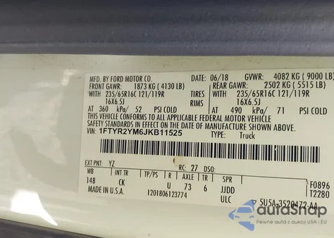 2018 Ford Transit-250 z USA, uszkodzony, nr VIN 1FTYR2YM6JKB11525